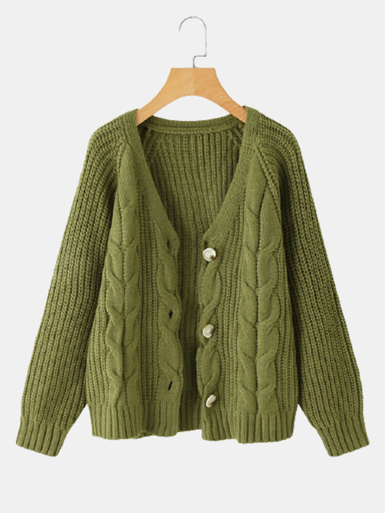 Solid Color Cable Knitted Button Casual Comfy Cardigan