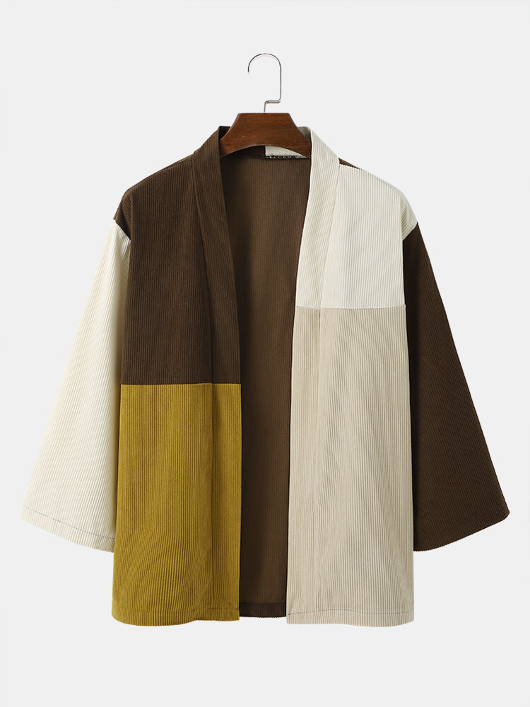 Mens Corduroy Colorblock Patchwork Open Front Casual Loose Kimono