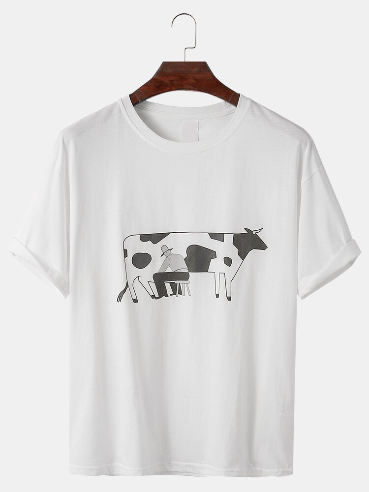 Mens Milking Pattern Print Cotton Plain Loose Casual Round Neck T-Shirts