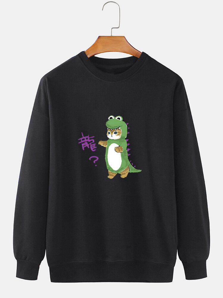 Mens Cartoon Dinosaur Cat Print Crew Neck Pullover Sweatshirts