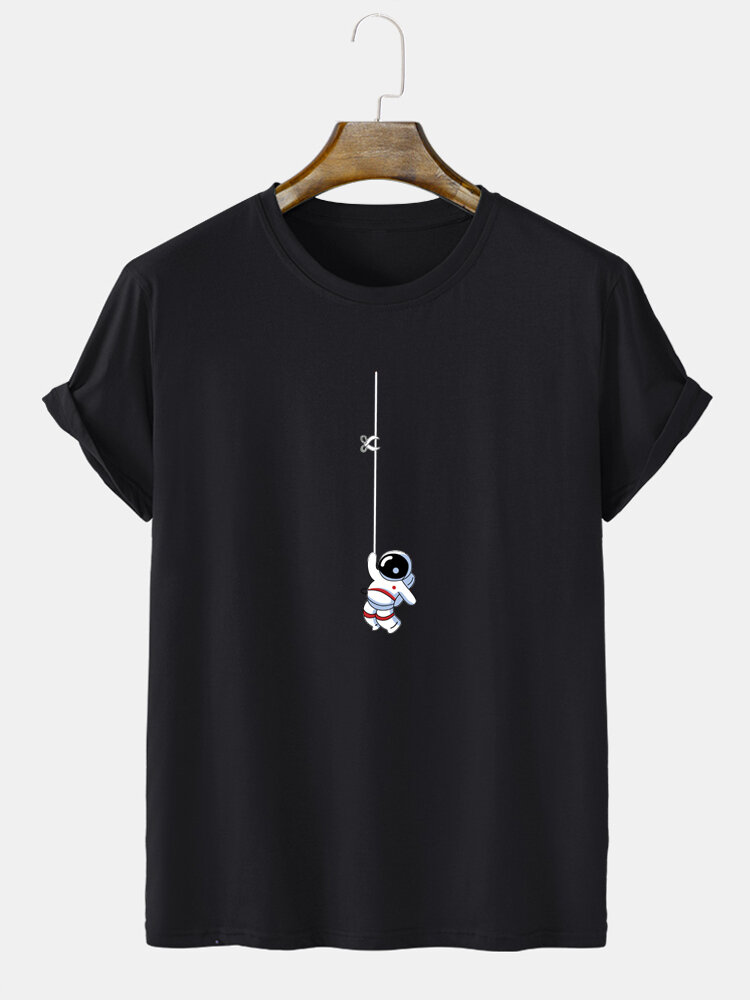 Mens Cartoon Astronaut Print Crew Neck Short Sleeve T Shirts