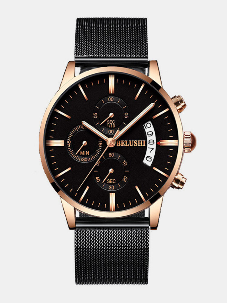 BELUSHI Chronograph Calendar Luxury Business Mens Watches Stainless Steel Leather Minimalist Watches