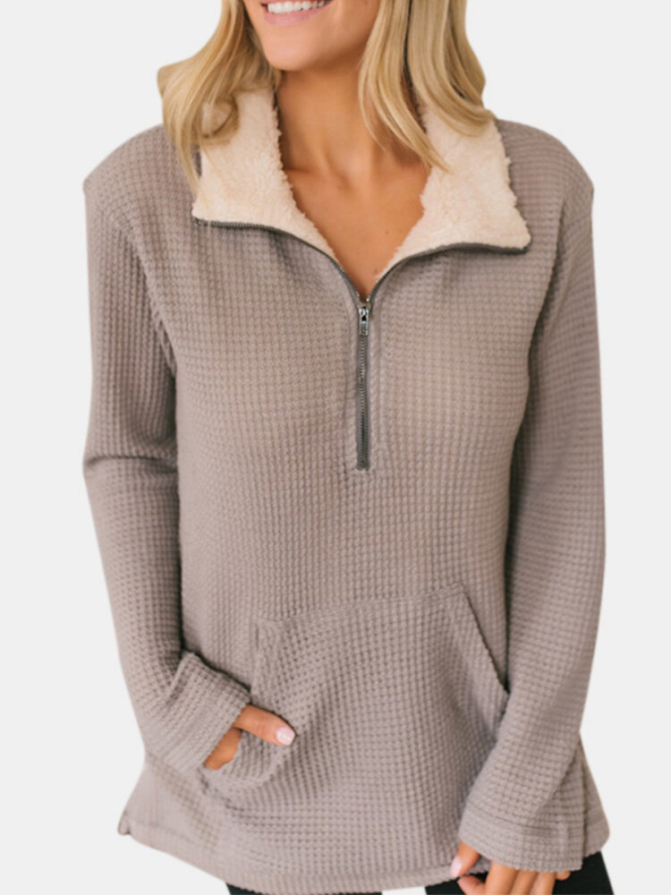 Solid Color Zip Front Pocket Casual Sweater For Women