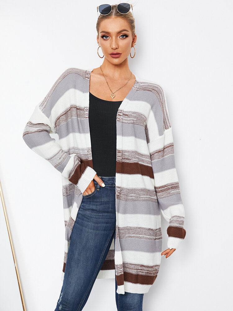 Stripe Print Open Front Long Sleeve Casual Cardigan