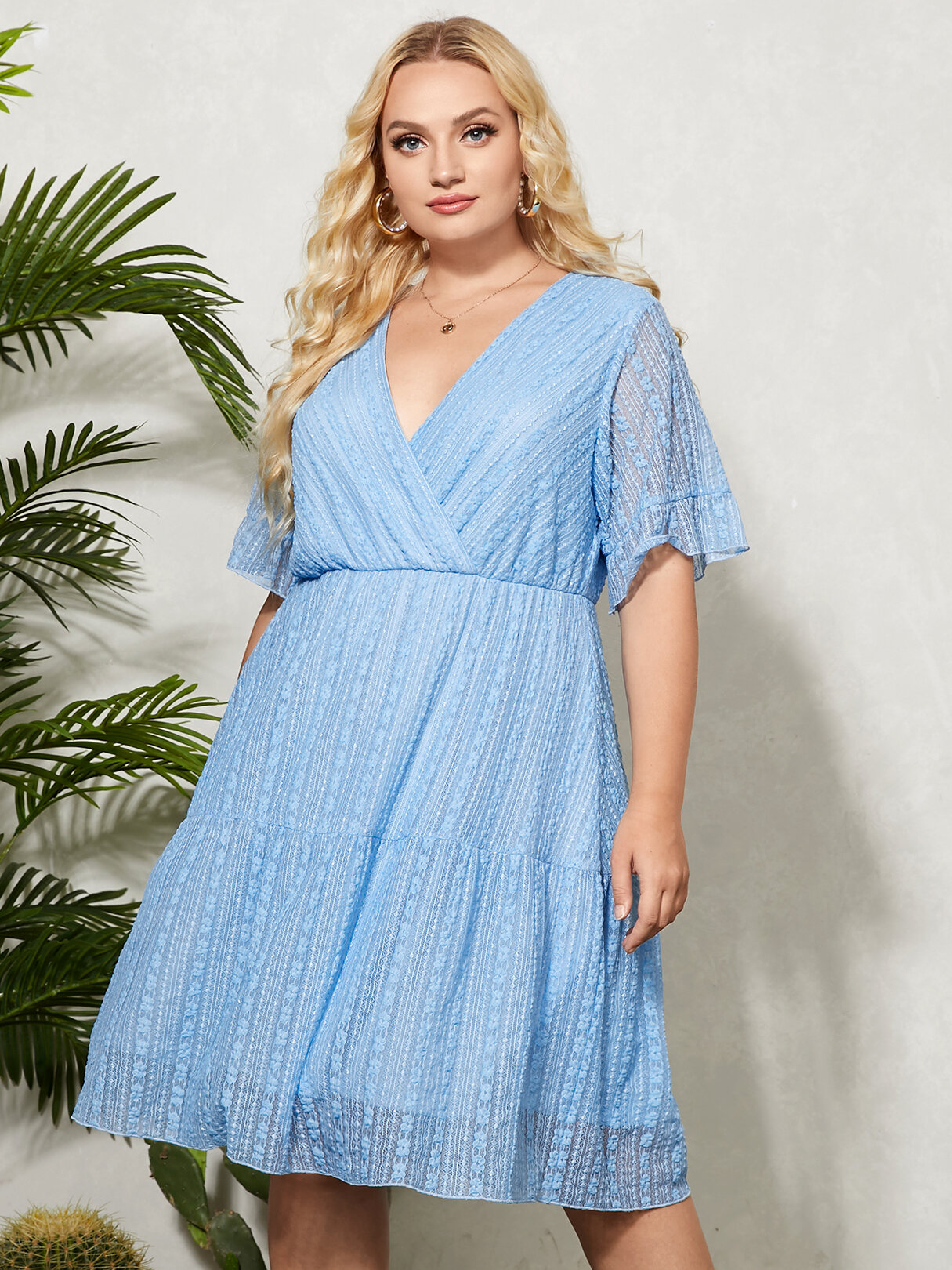 Plus Size Double Layer Textured Crossed Front Design Dress