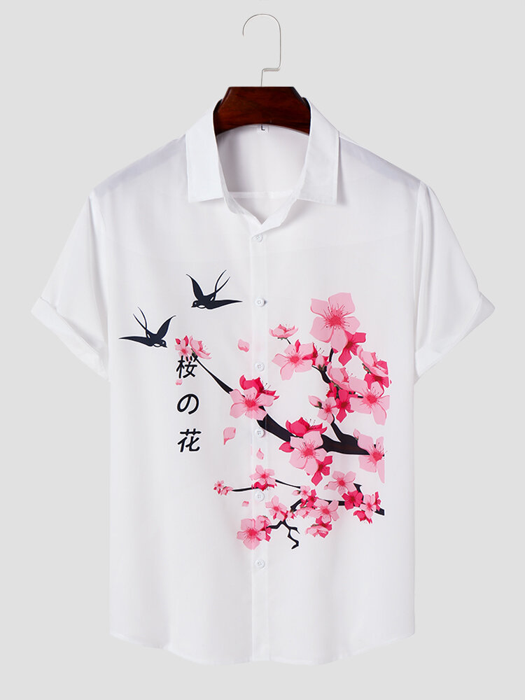 Mens Cherry Blossoms & Bird Print Button Up Short Sleeve Shirts
