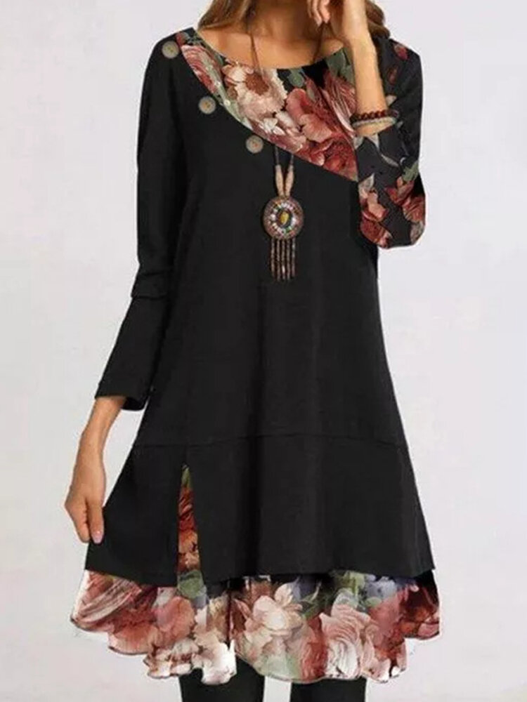Button Floral Print Patchwork Long Sleeve Casual Dress For Women