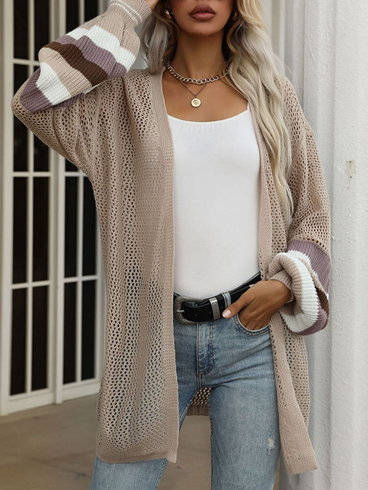 Stripe Stitch Long Sleeve Hollow Open Front Cardigan