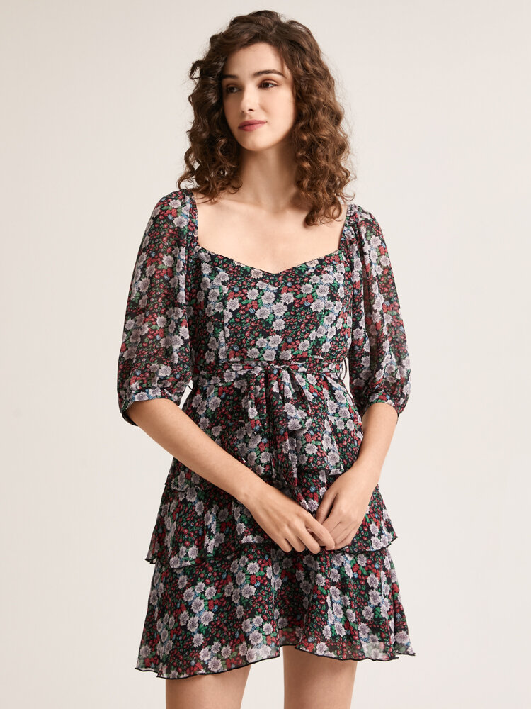 Floral Print Layered Knotted Square Collar Half Sleeve Dress