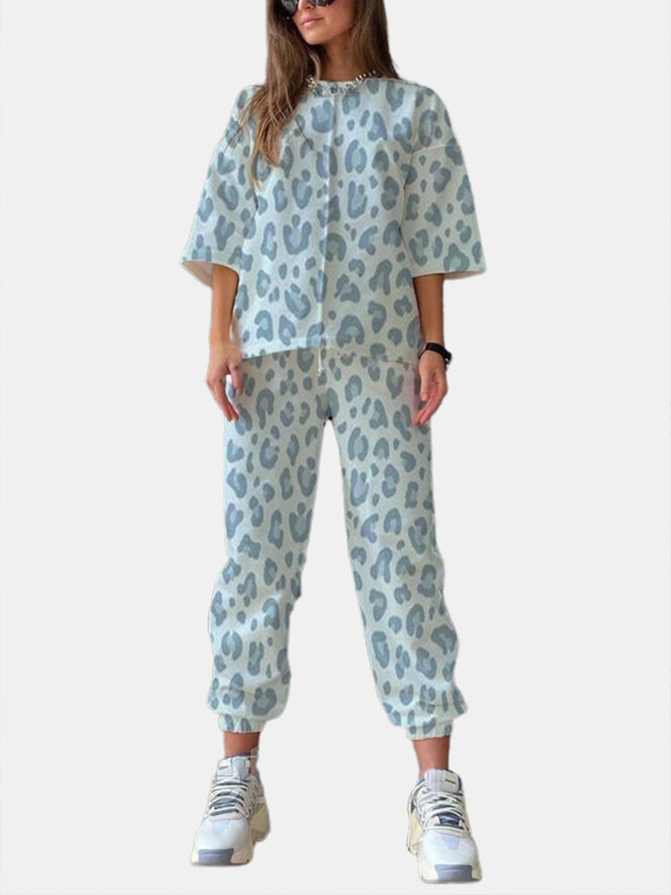 

Leopard Print Slit Hem T-Shirt Elastic Wasit Pocket Pants Suit, Blue