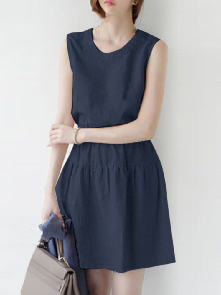 Women Solid Pleated Crew Neck Cotton Casual Sleeveless Dress