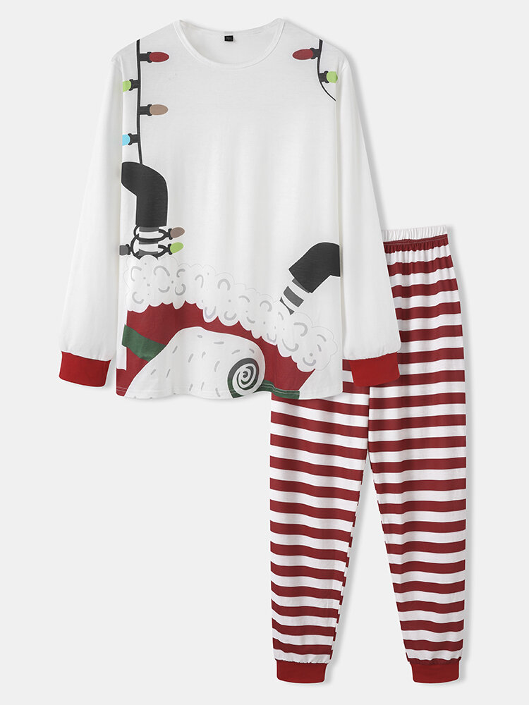 Mens Christmas Pattern Cotton Long Sleeve Striped Pants Pajamas Sets