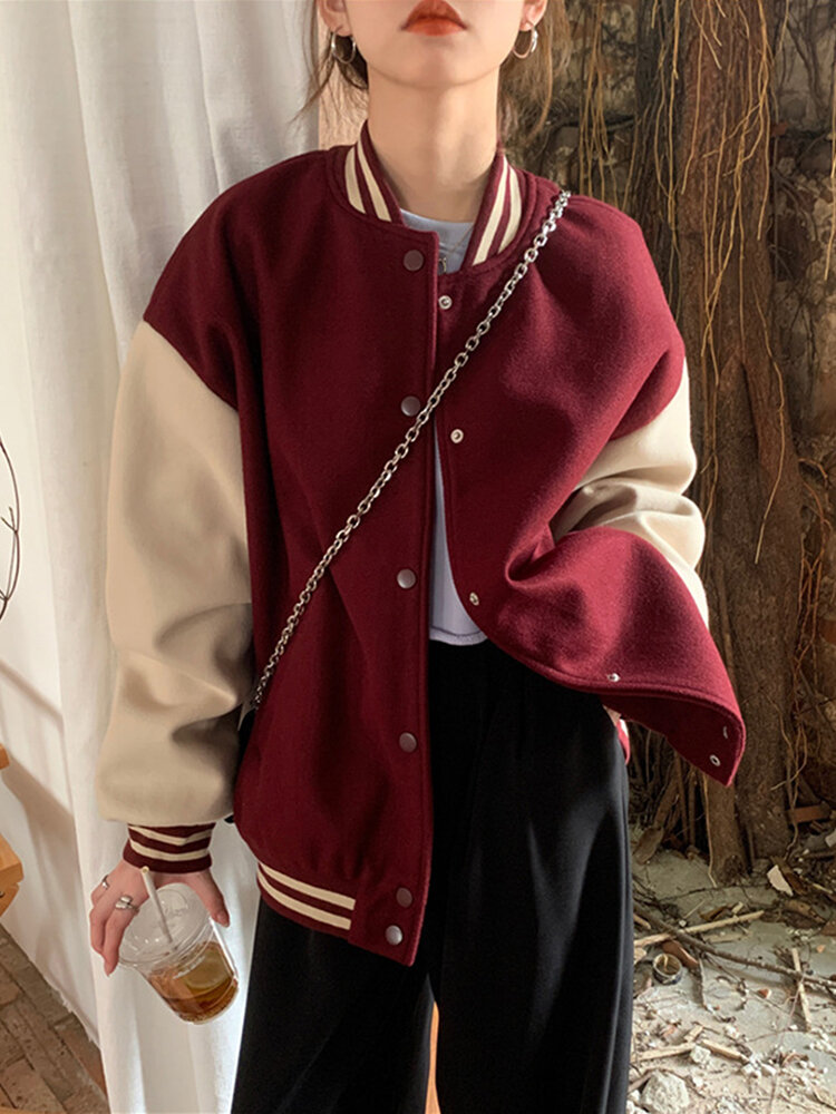 Contrast Color Button Long Sleeve Loose Bomber Jacket