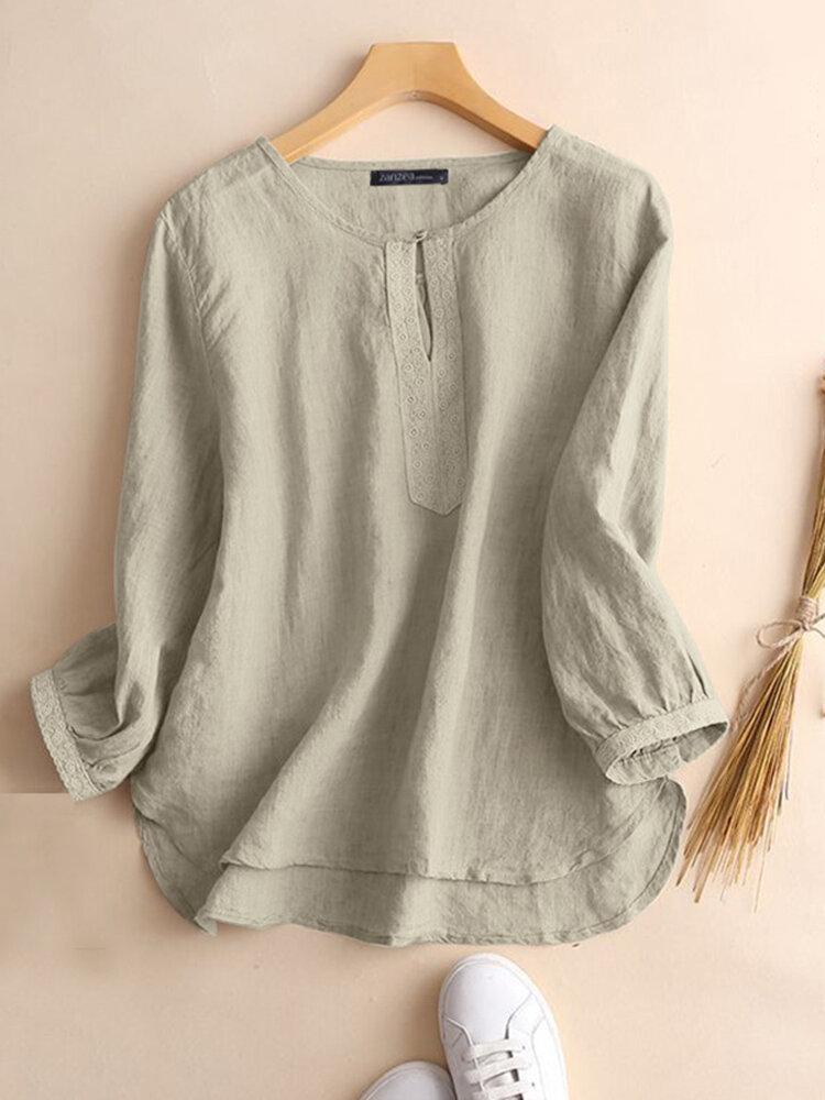 Solid Lace Trim Long Sleeve Crew Neck Casual Blouse