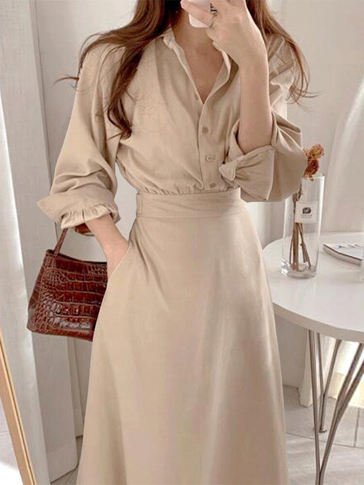 Solid Pocket Lapel Long Sleeve Casual Button Down Shirt Dress