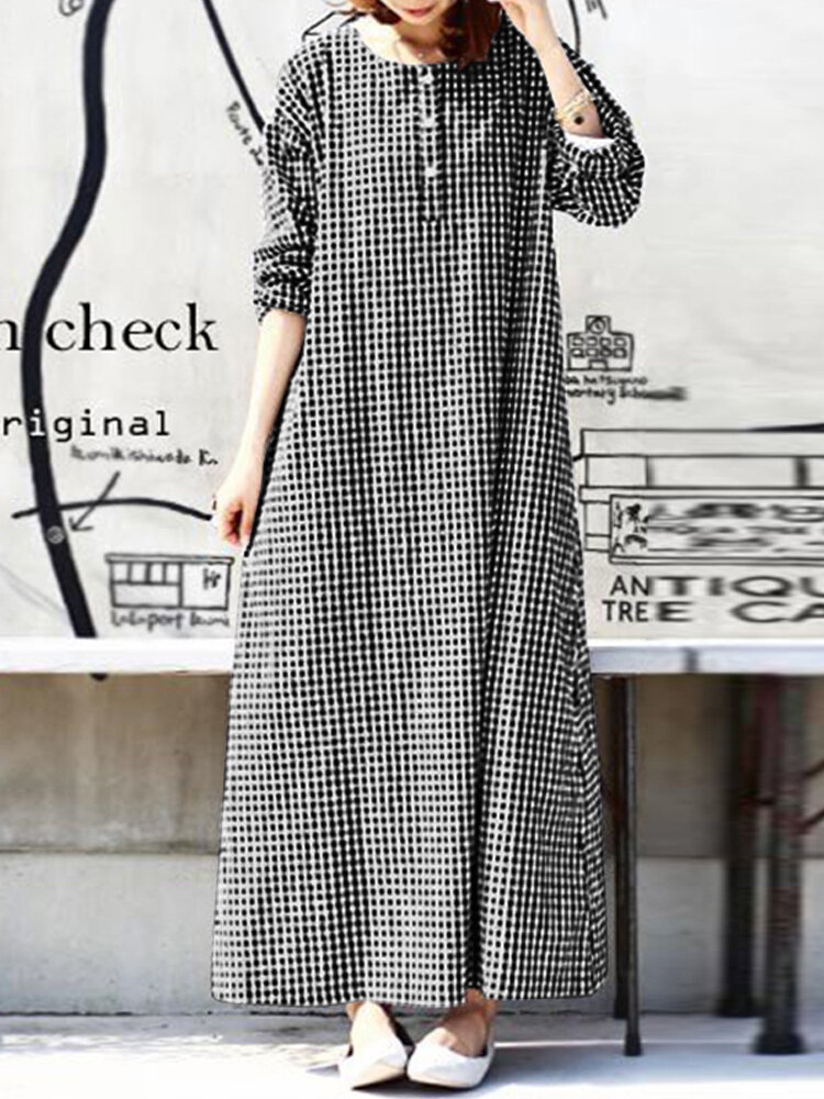 महिला गिंगहैम प्लेड क्रू नेक कैजुअल लंबी आस्तीन मैक्सी ड्रेस