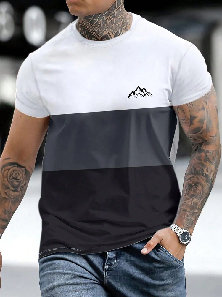 T-shirt da uomo a maniche corte patchwork a blocchi di colore con stampa di montagna