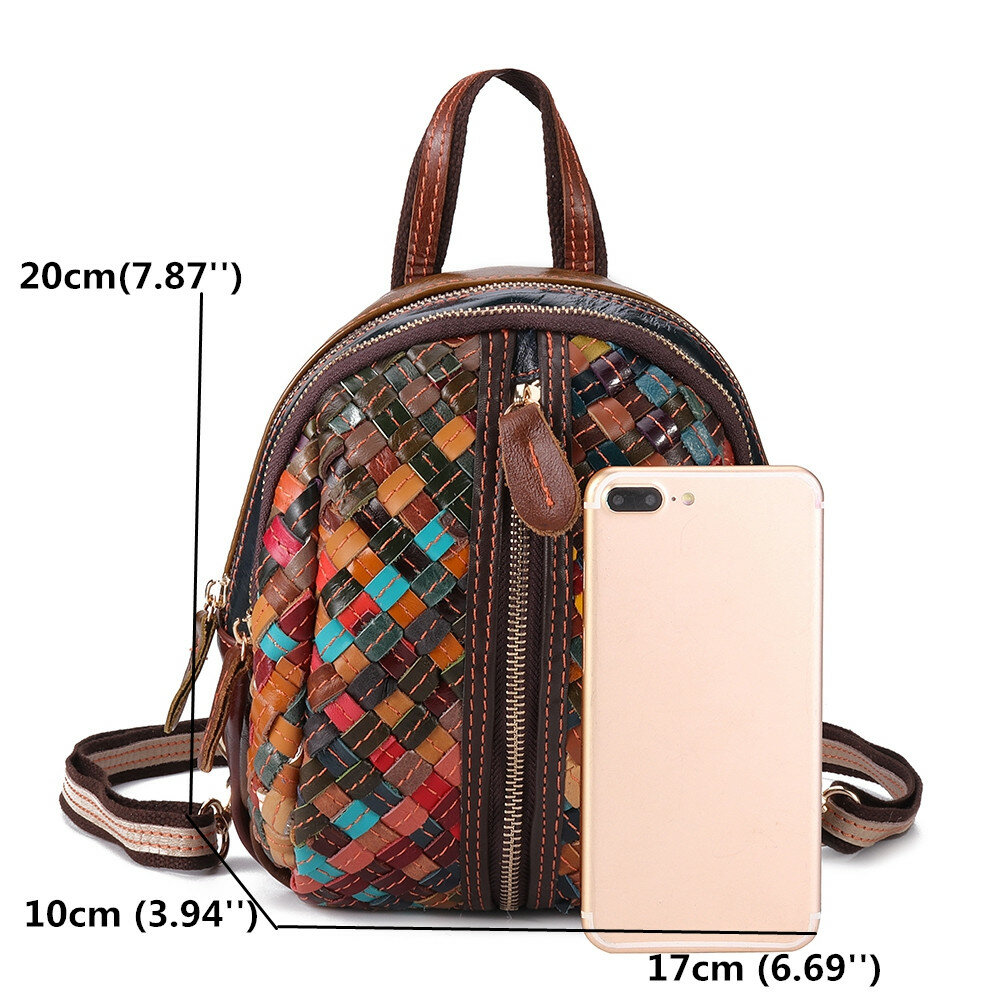 Women Genuine Leather Hand Stitching Patchwork Multi-Slot Backpack
