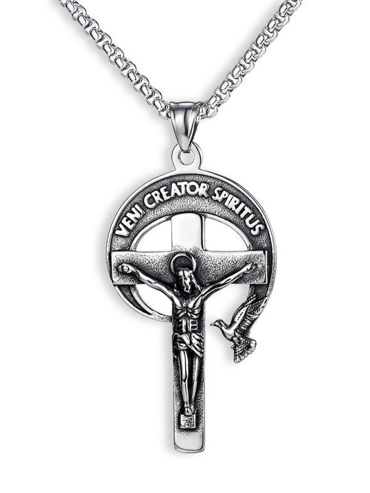Jesus Cross Pendant Necklace Peace Dove Moon Titanium Steel Men's Necklace