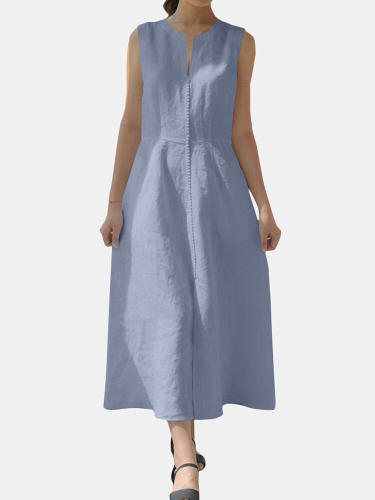 Lace Patch Round V-neck Pocket Sleeveles Cotton Dress With Belt is ...