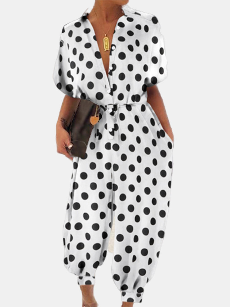 Polka Dot Print V-neck Drawstring Short Sleeve Plus Size Jumpsuit