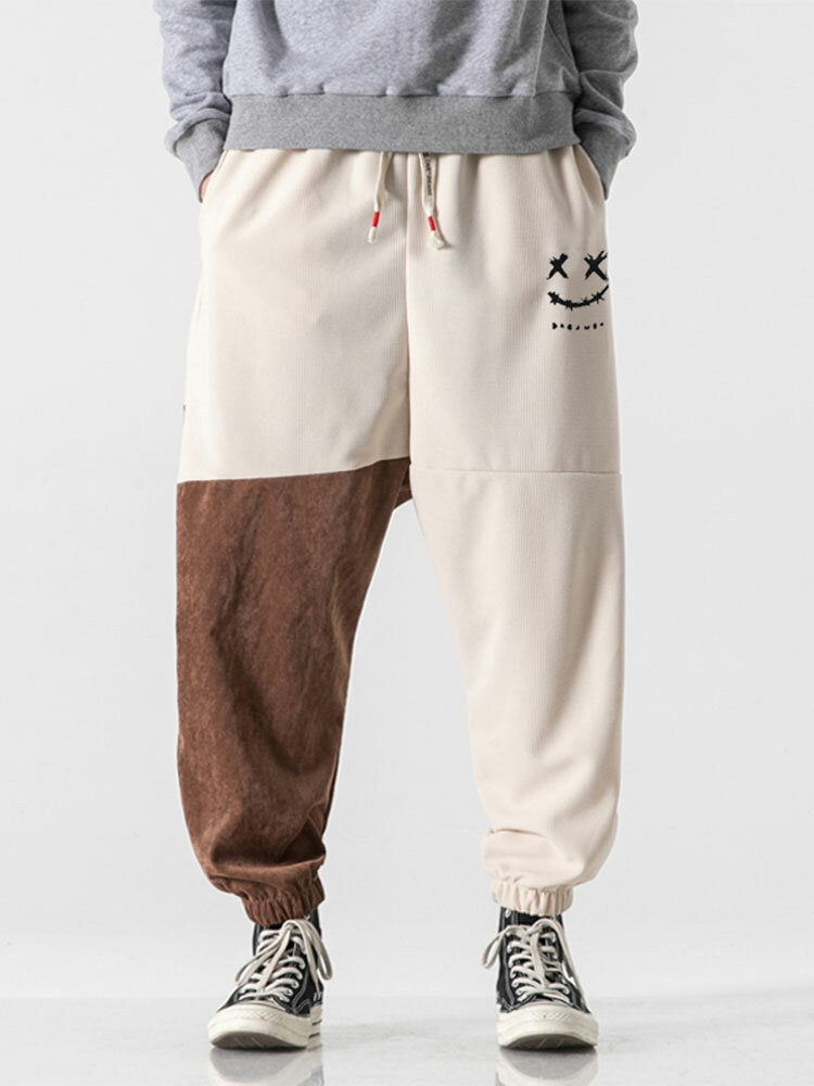 

Mens Smile Embroidered Contrast Patchwork Corduroy Drawstring Waist Pants Winter, White