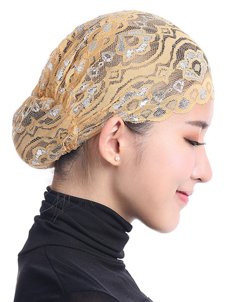 Women Muslim Head Coverings Shiny Lace Headscarf Hat Islamic Cap