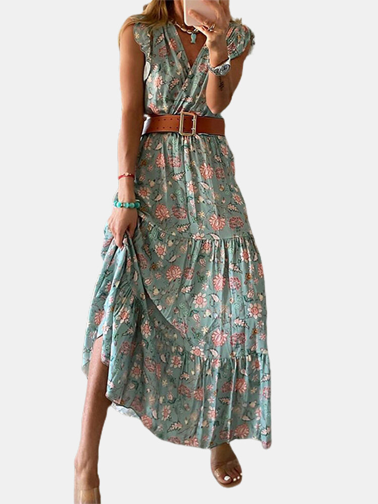 Floral Printed Sleeveless V-neck Belt Maxi Dress