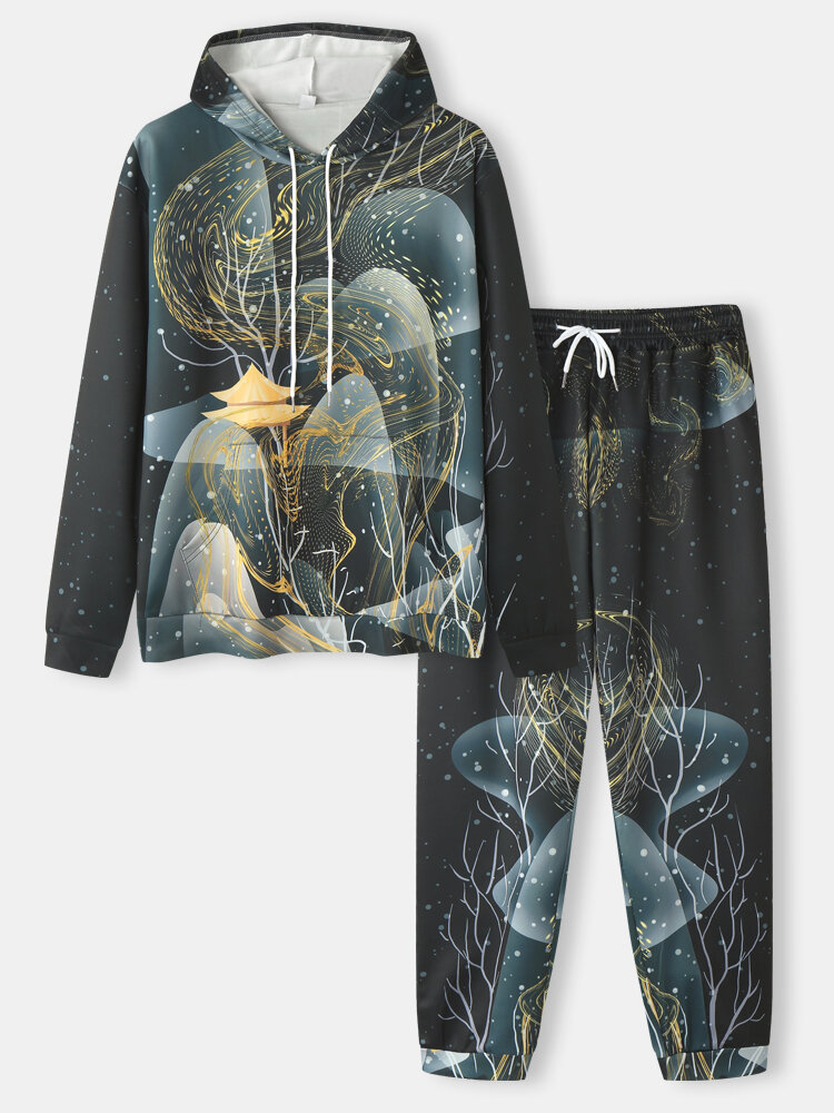 Mens All Over Plant Landscape Print Drawstring Hoodies Two Pieces Outfits