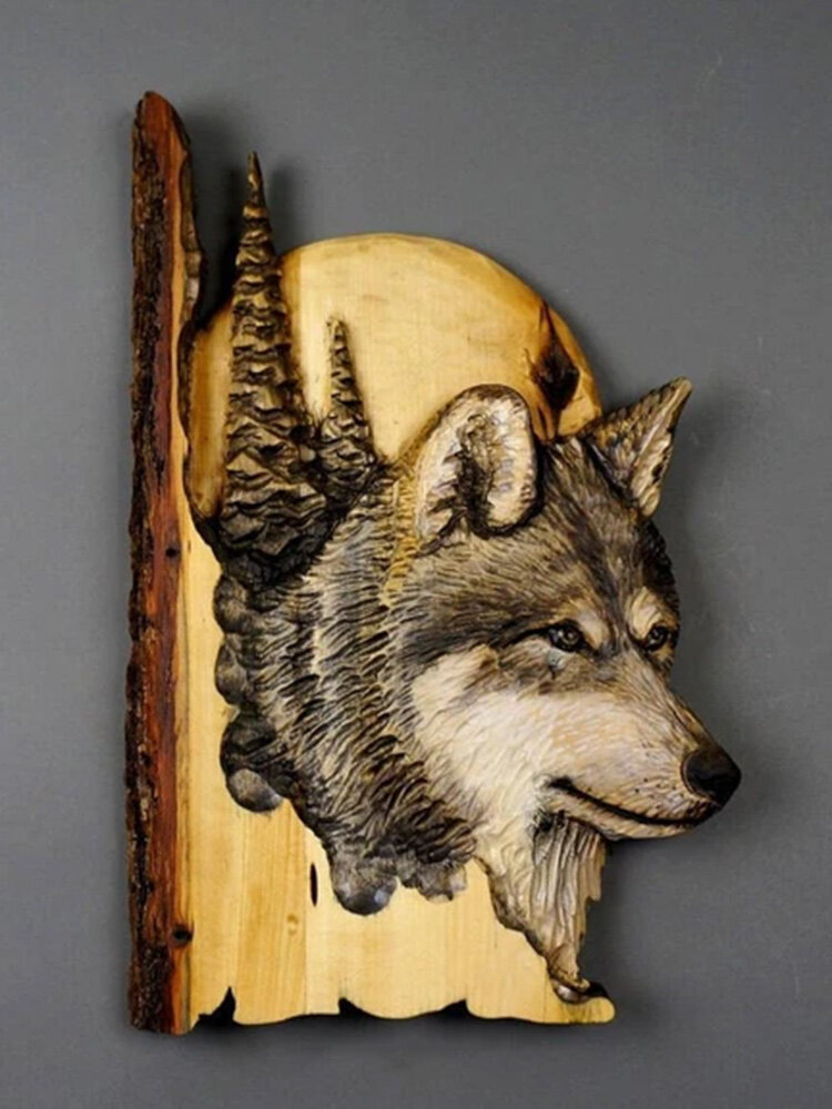 

1 PC Animal Carving Handcraft Wall Hanging Sculpture 3D Raccoon Bear Deer Wolf Hand Painted Decorations for Home Living
