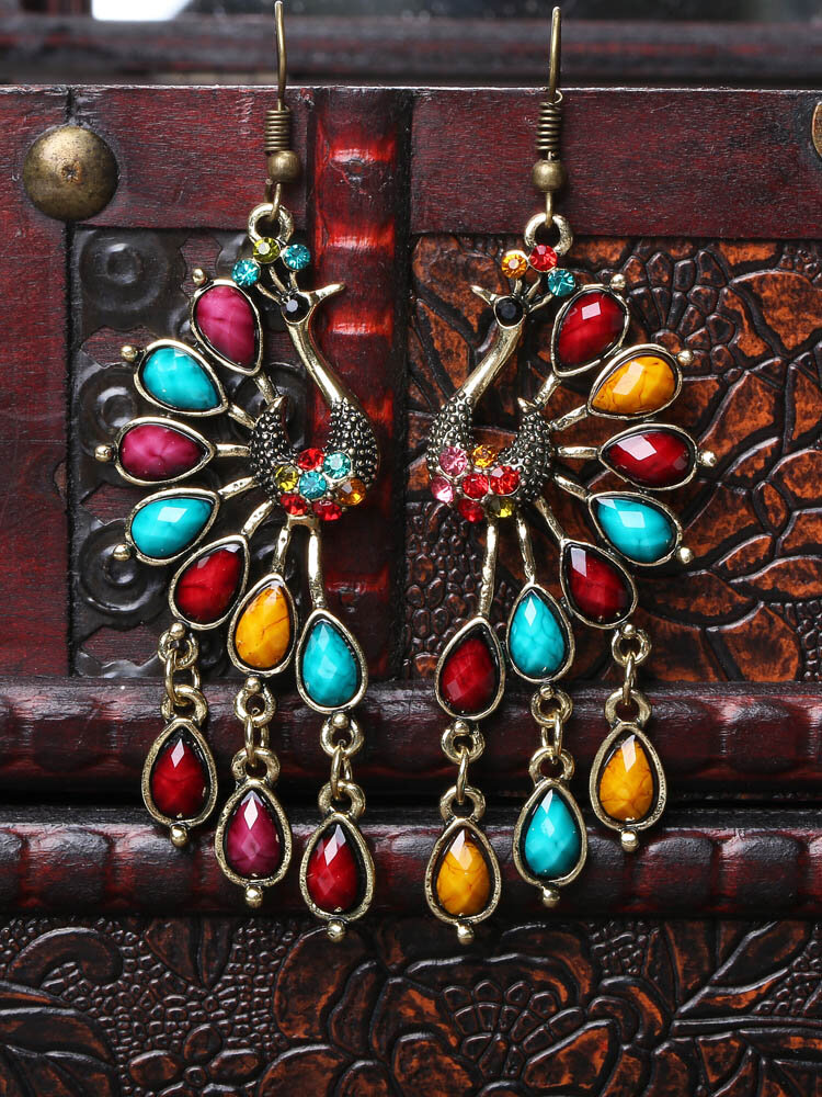 Vintage Alloy Peacock Long Dangle Earrings Crystal Ethnic Tassel Earrings for Women