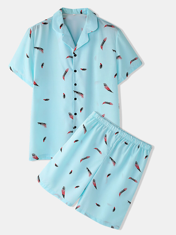 Conjunto de pijama con estampado azul claro para hombre, dos piezas, ropa de dormir de seda sintética, ropa de casa acogedora Soft