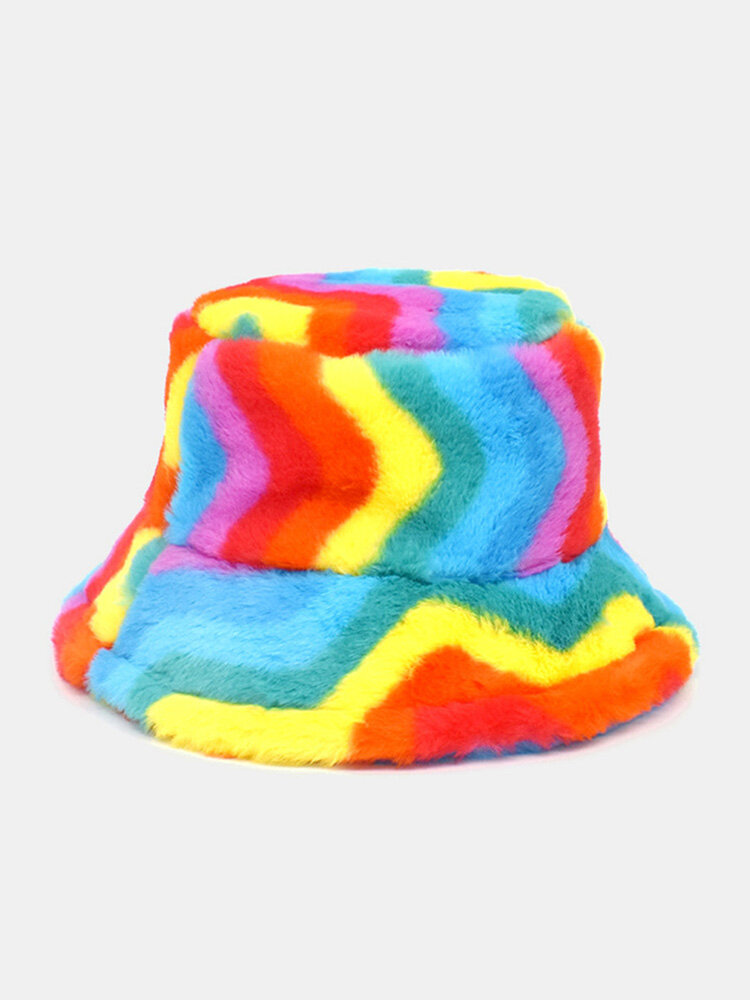 Unisex Faux Rabbit Fur Rainbow Color Striped Thicken Outdoor Warmth Bucket Hat