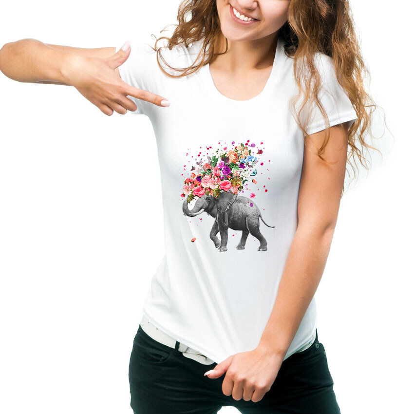 Elephant Flower Print Short-sleeved T-shirt Cross-border Explosion Models White T-shirt Women's Clothing
