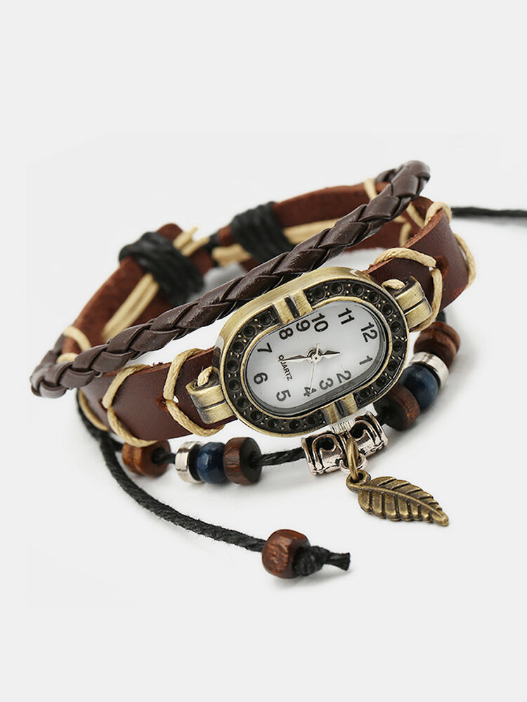 Punk Multilayer Bracelets Watches Vintage Leaf Beads Charm Pendant Mens Watches Gift for Women