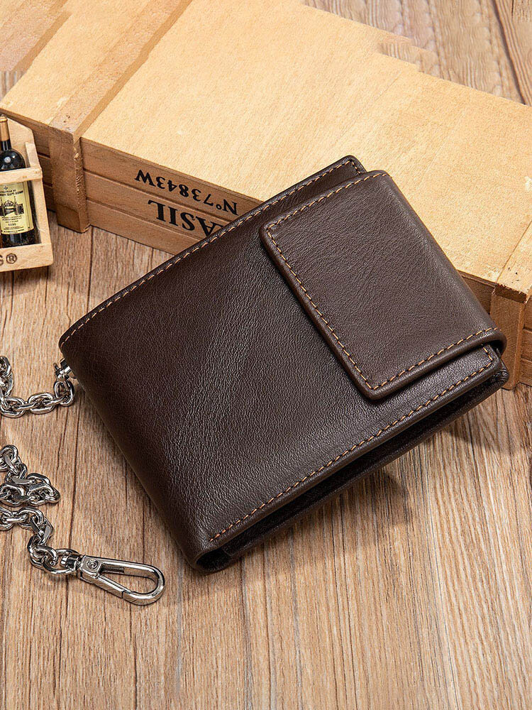 Men Genuine Leather Cow Leather Chain RFID Money Clips Card-slots Coin Purse Multifunction Wallet