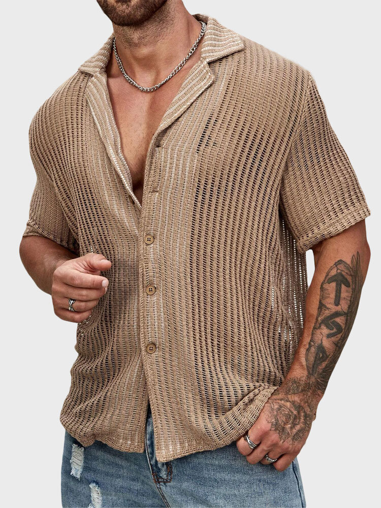 Camisas informales de manga corta con cuello reverenciado y textura sólida para hombre