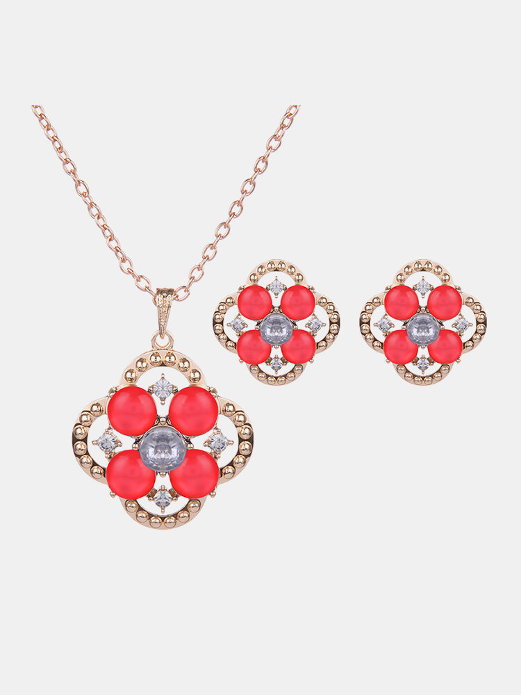 Sweet Jewelry Set Flower Rhinestone Necklace Earrings Set