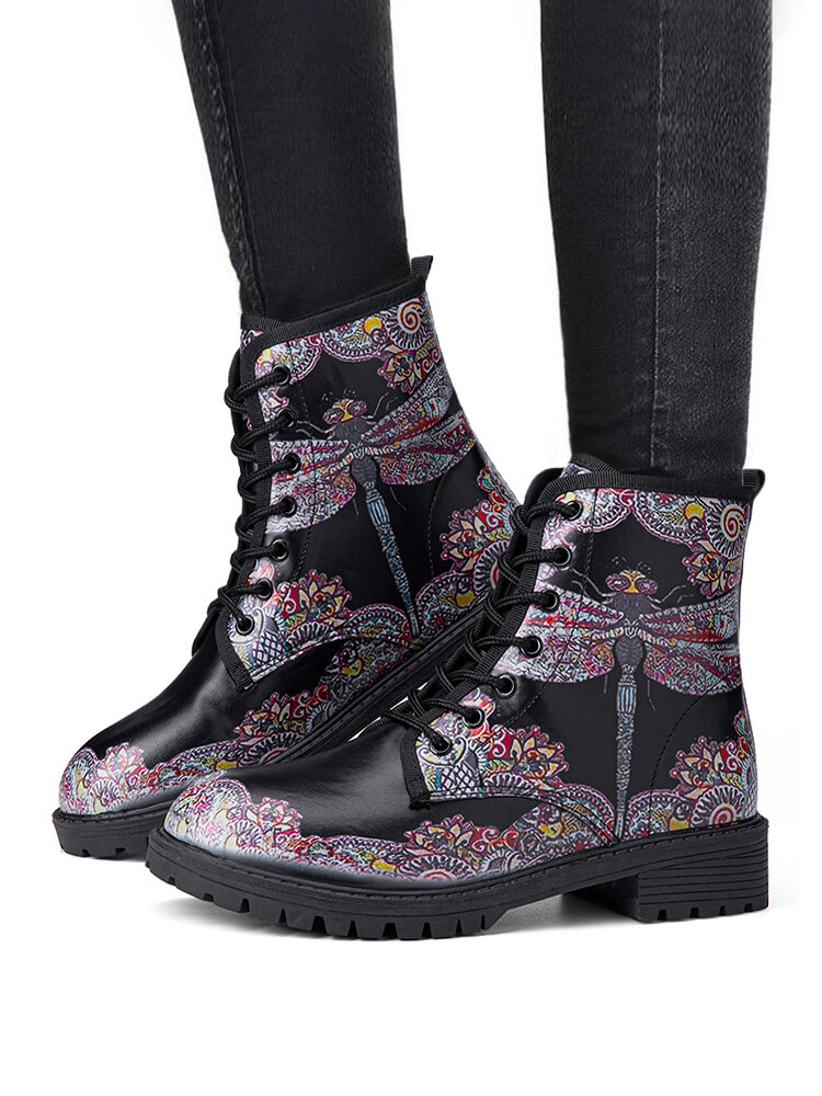 Large Size Women Dragonfly-print Lace-up Block Heel Shoes Casual Paisley Pattern Comfy Tooling Boots