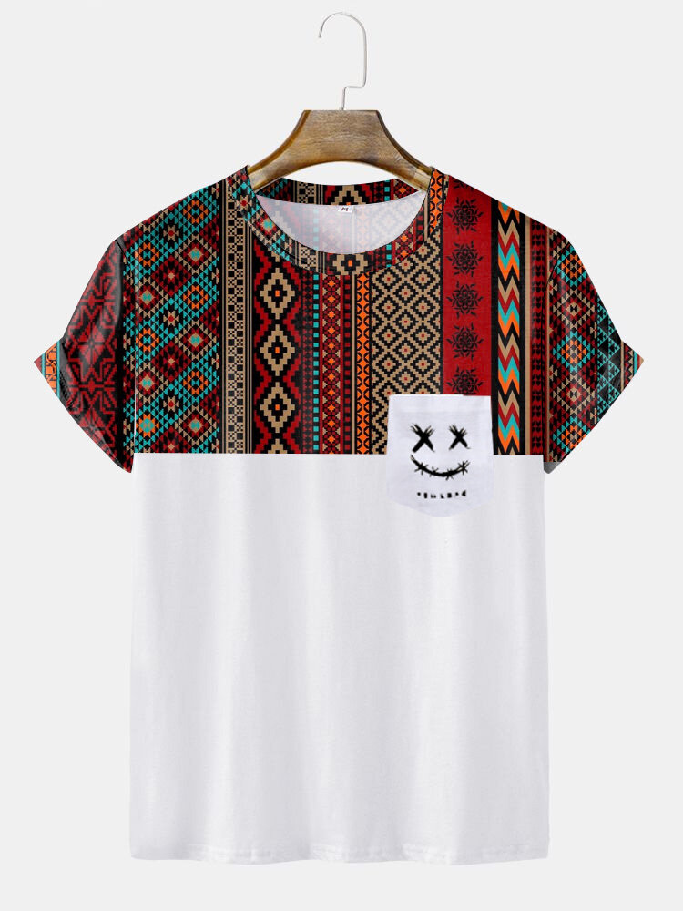 Mens Colorful Geometric Funny Face Print Ethnic Short Sleeve T-Shirts