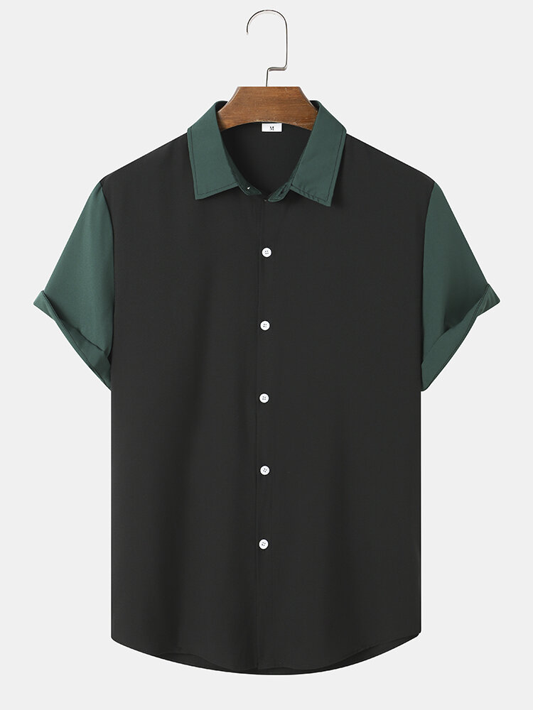 Mens Contrast Stitching Button Up Casual Short Sleeve Shirts