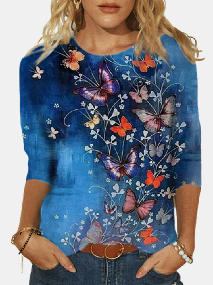 Butterflies Print O-neck Long Sleeve Plus Size Cotton Blouse for Women