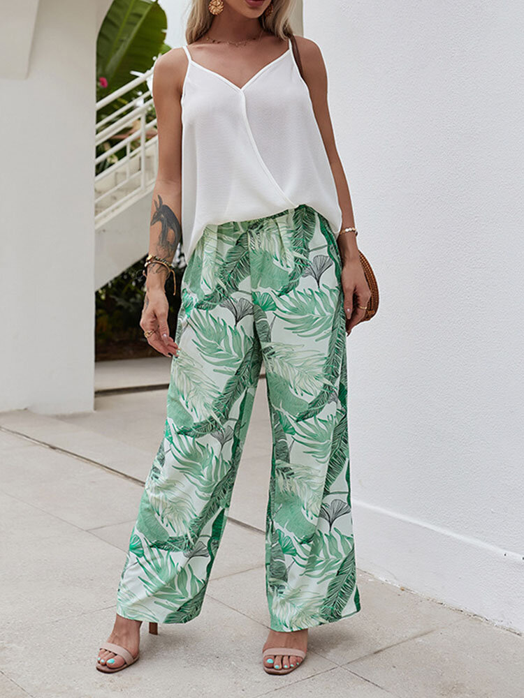 

V-neck Backless Chiffon Camisole & Tropical Leaf Print Pants Suit, Green