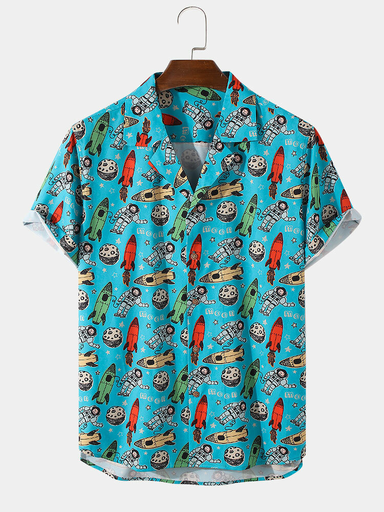 Mens Funny Space Element Print Revere Collar Short Sleeve Shirts