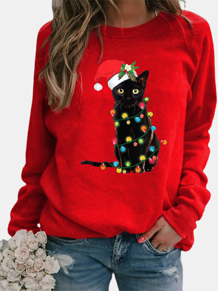 Christmas Black Cat Print Long Sleeves O-neck Sweatshirt For Women