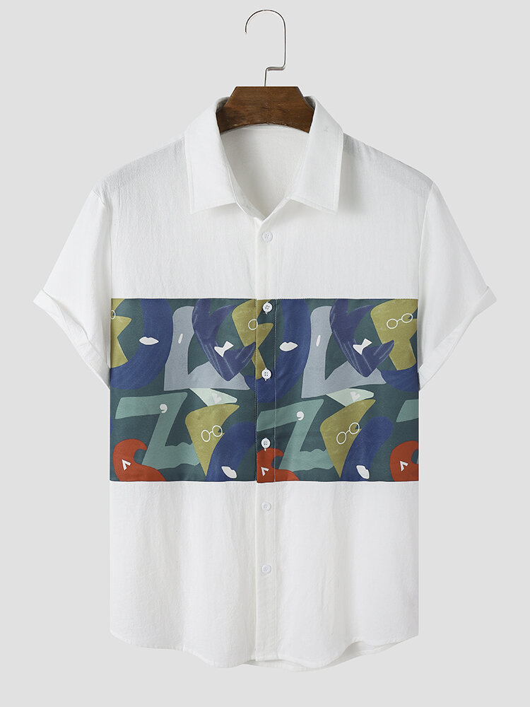 Mens Abstract Print Patchwork Street Cotton Short Sleeve Shirts