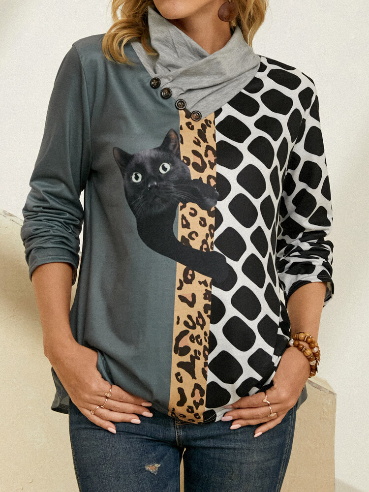 Cat Leopard Patch Print Button High Neck Long Sleeve T-Shirt