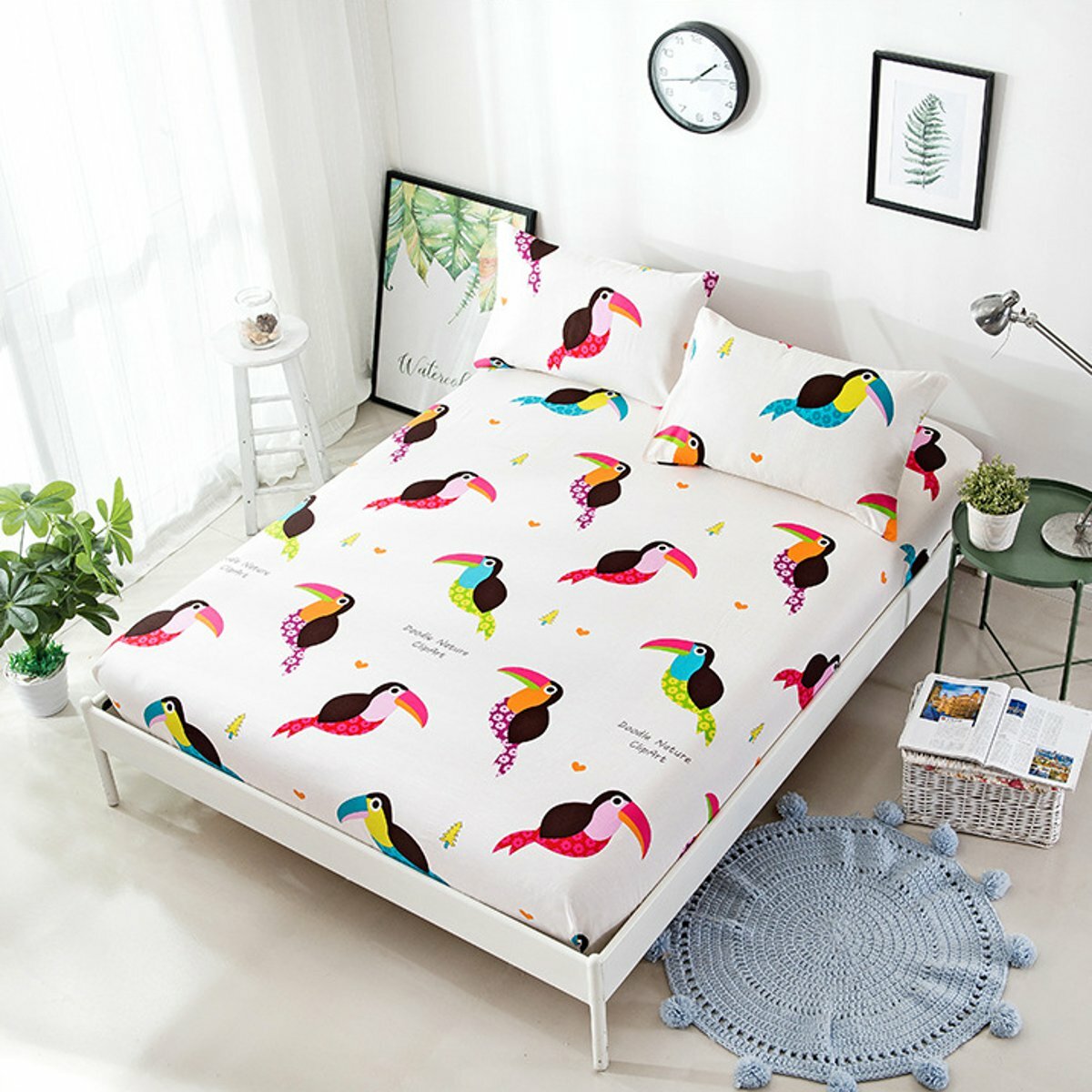 New Fitted Sheet Bird Printed Twin Full Queen King Cotton Bed Sheet Cover 3 Size