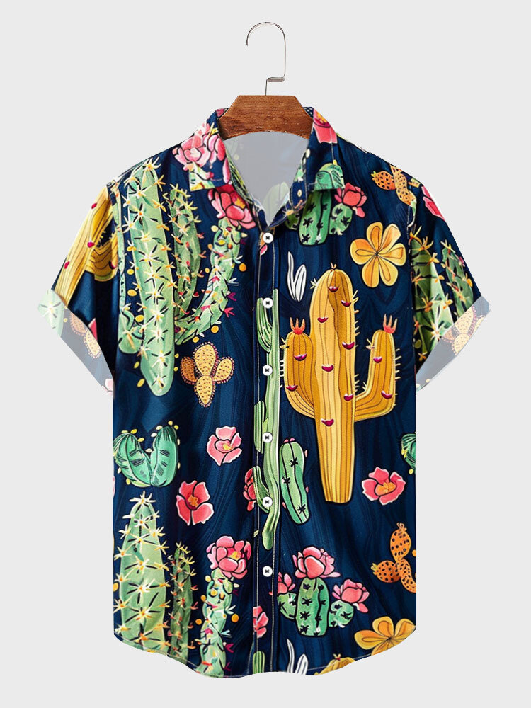 Camicie casual a maniche corte da uomo con stampa cactus e colletto con risvolto