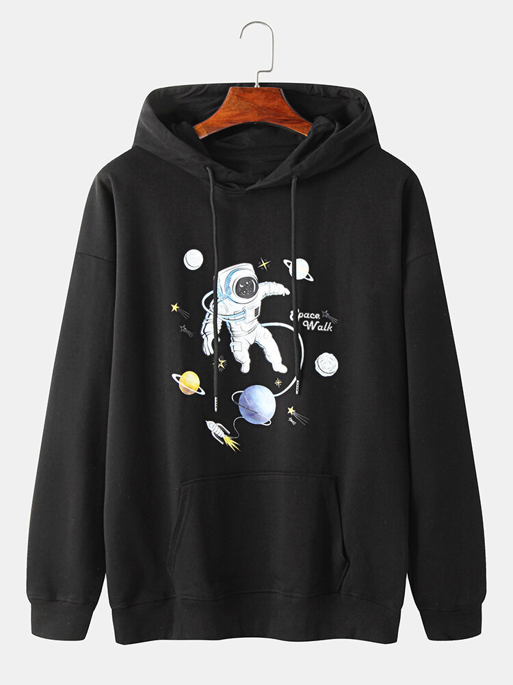 Mens Planet Astronaut Print Cotton Overhead Hoodies With Kangaroo Pocket